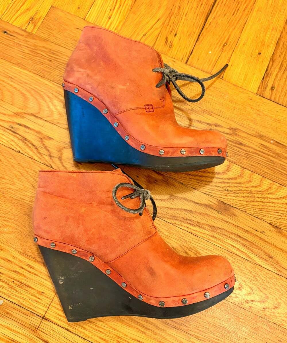 Dr. Scholl's Aviator Lace-up Wedge Booties Boots Red-Orange Leather Size 7
